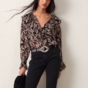 Ba&sh Genny Abstract floral Ruffle Collar Noir lady Blouse